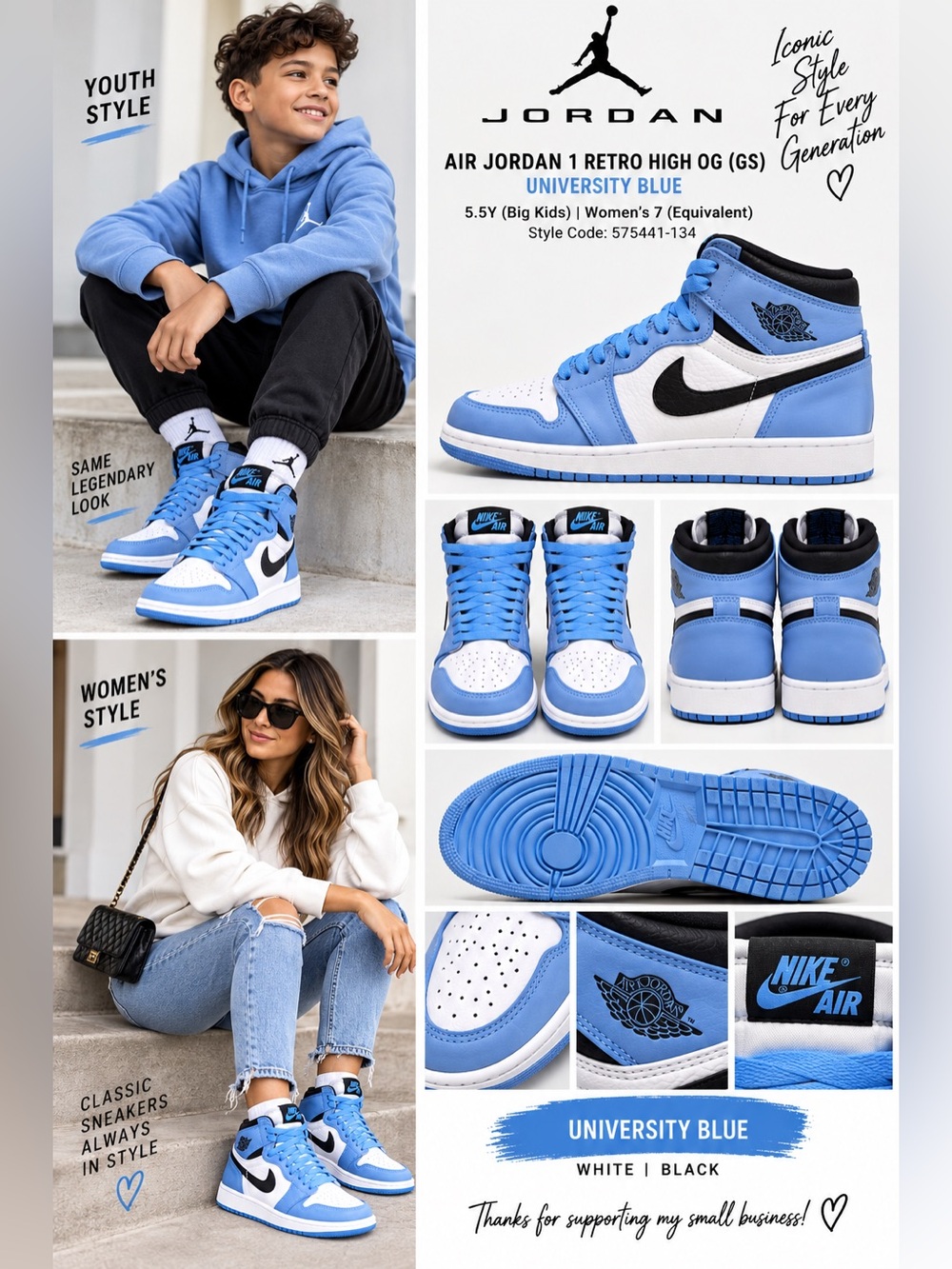 Air Jordan 1 Retro High OG GS University Blue 5.5Y Women’s 7 575441-134